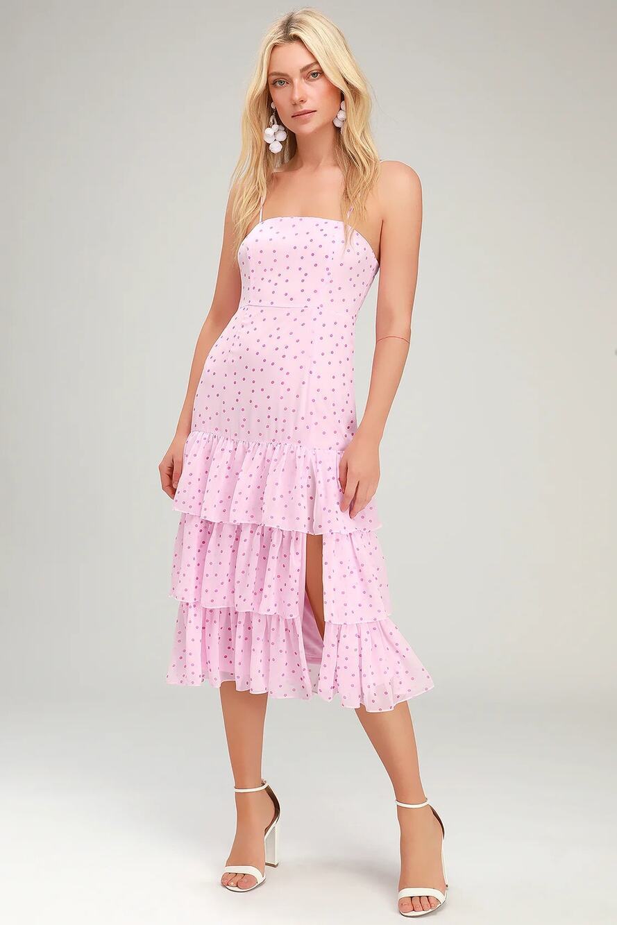 Lulus Nellie Pink Polka Dot Ruffled Strappy Midi Dress Large Coquette Barbycore